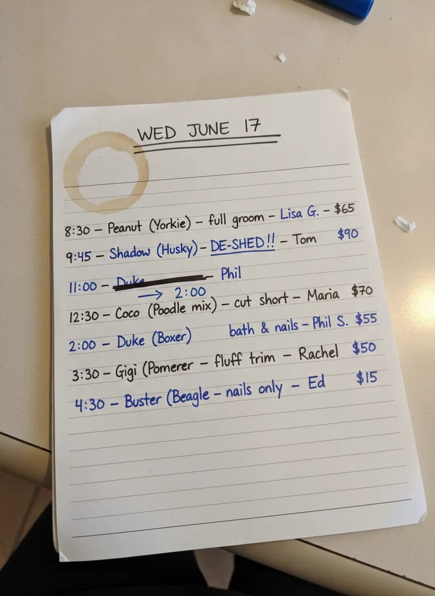 Photographed appointment-book day page in messy mixed handwriting with a crossed-out rescheduled entry