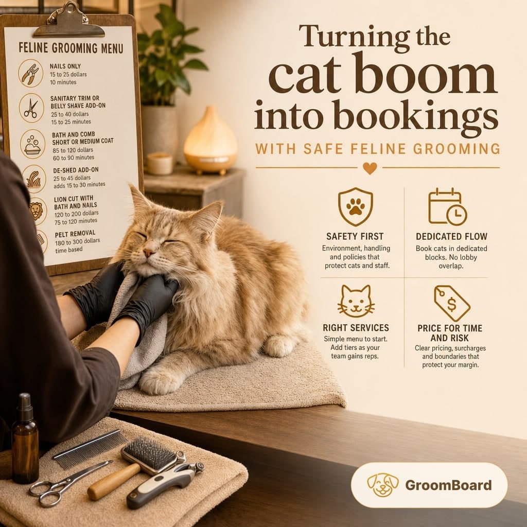 Groomer in gloves towels a relaxed orange tabby cat on a salon counter with grooming tools, a feline grooming menu, and marketing text on the wall.