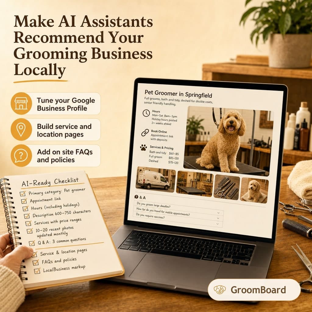 Laptop on a groomer’s desk shows a pet groomer webpage with a doodle dog, while a hand holds a checklist notebook; tools, towels, and text fill the scene.