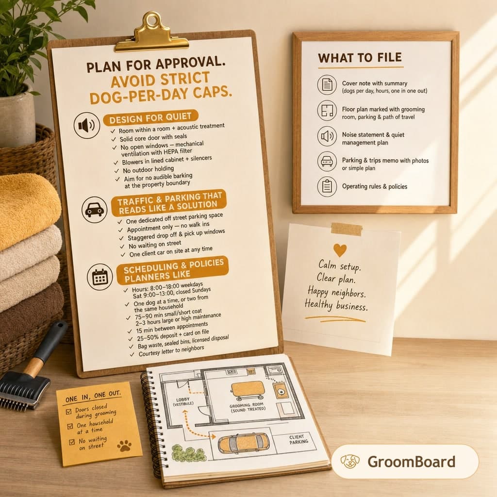 Illustration accompanying the article: Avoid strict dog-per-day caps in home grooming approvals