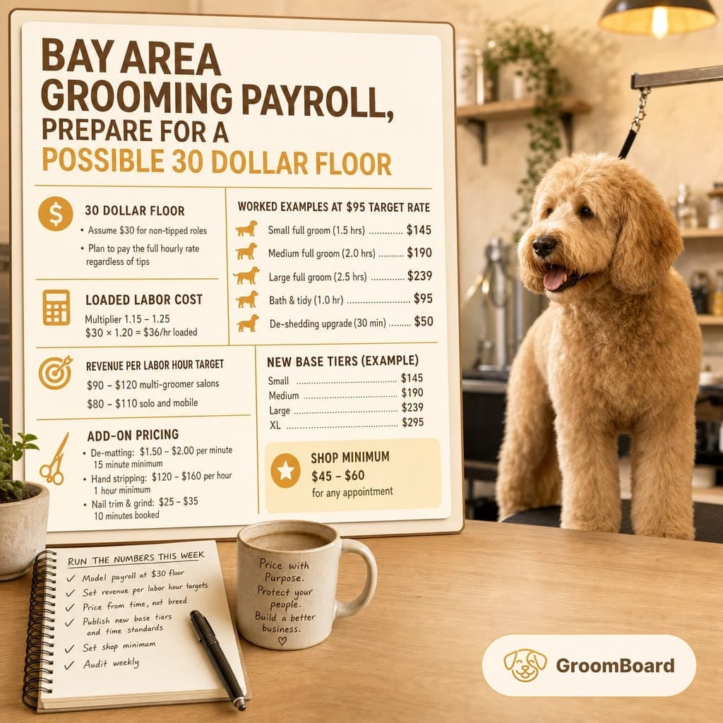 A fluffy dog on a grooming table beside a large pricing sign, with a notepad, pen, and coffee mug on a wooden counter in a salon setting.