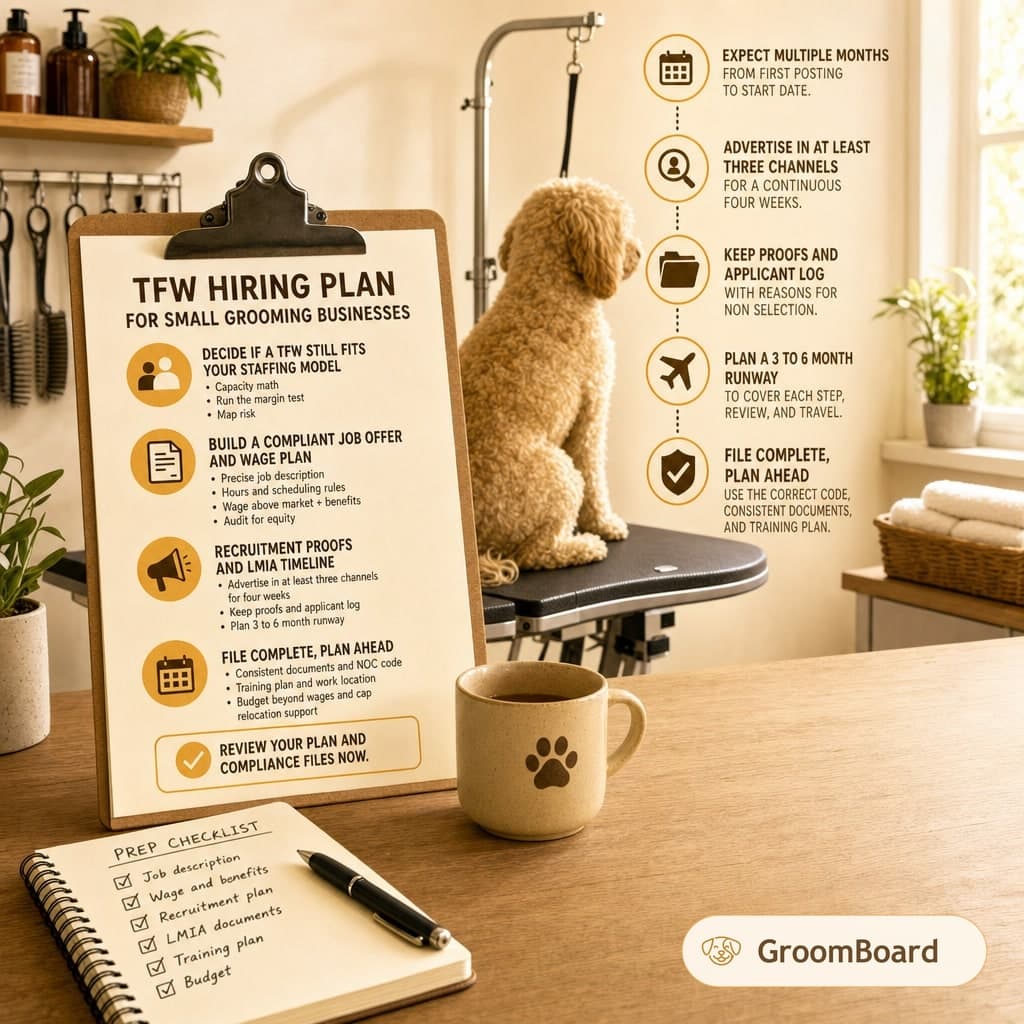 Clipboard with grooming business hiring plan beside a paw print mug and checklist, with a curly dog on a grooming table in a sunlit studio.