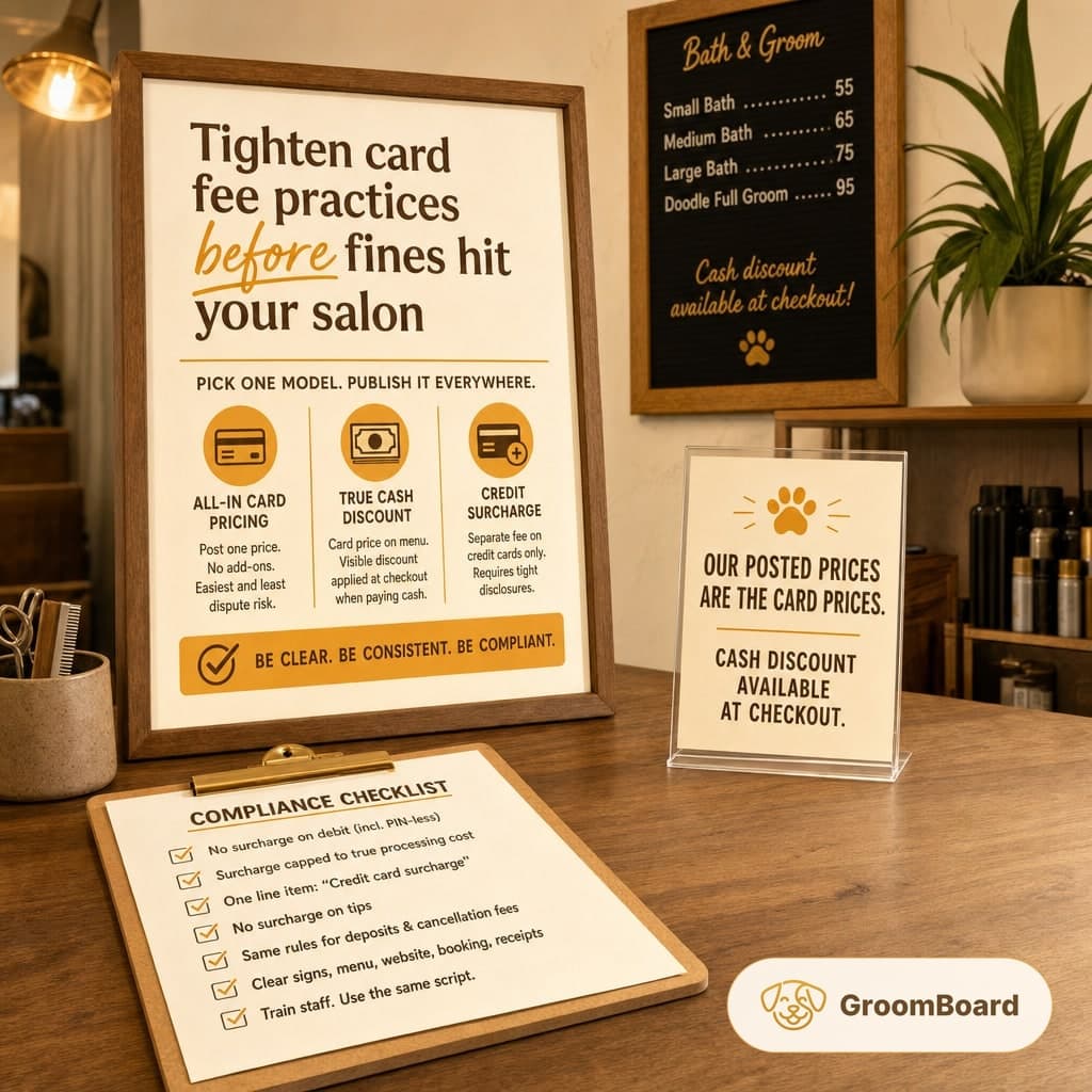 Grooming salon counter with framed sign on card fees, small sign about cash discounts, a checklist clipboard, and a price board in a warm, tidy interior.