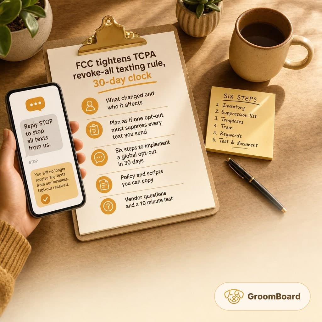 A hand holds a phone showing a STOP opt out text beside a clipboard titled FCC texting rule with bullet points, a sticky note of six steps, a pen, and coffee.