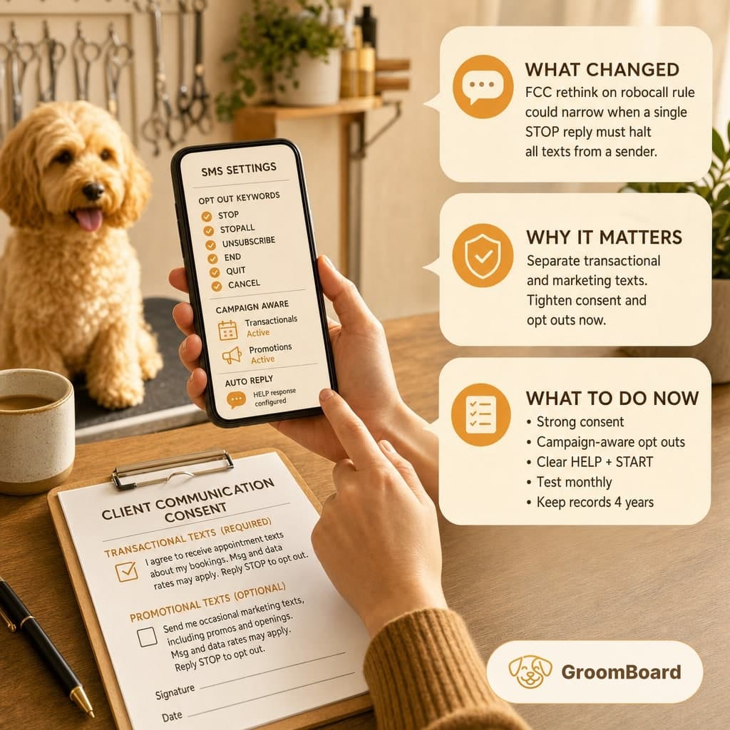 Hands holding a phone showing SMS settings beside a client consent form on a clipboard, with a small dog on a grooming table in a warm studio.