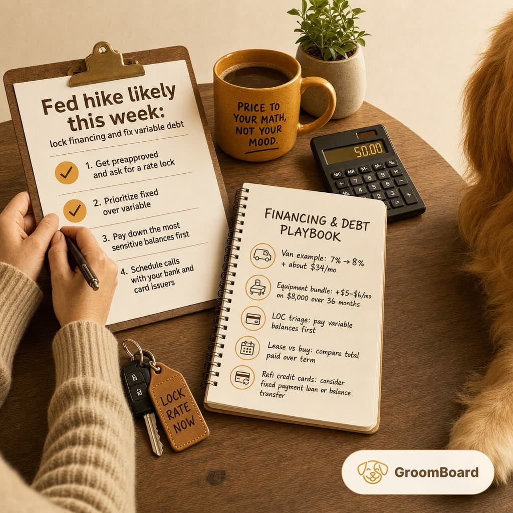 Hands writing on a clipboard with finance tips beside a notebook, keys, calculator, mug, plant, and a dog's paw on a wooden table.