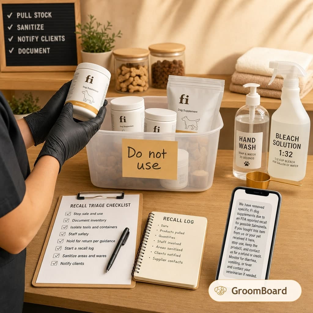 Gloved hands hold a dog supplement jar above a bin labeled Do not use beside a recall checklist, recall log, phone alert, and hand wash and bleach bottles.