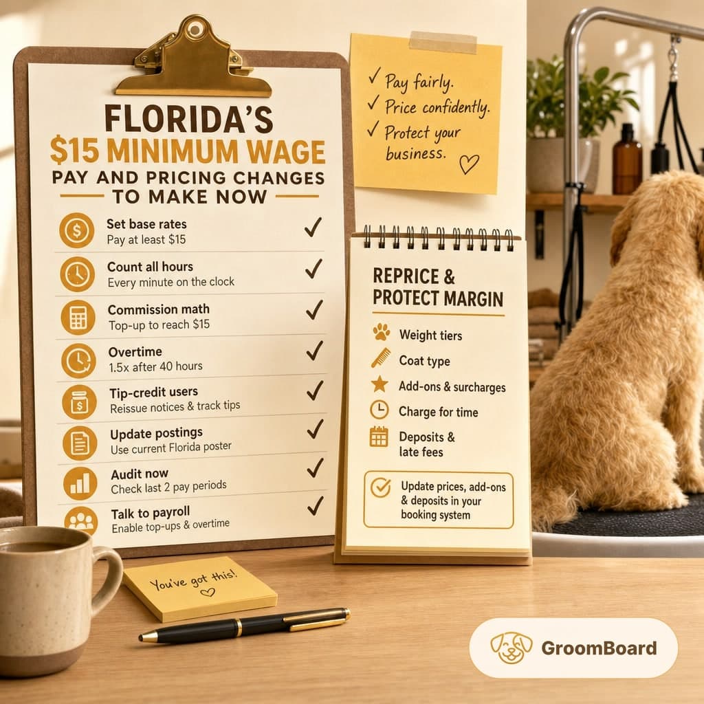Desk with checklist posters on Florida $15 minimum wage and pricing tips, sticky note reminders, a mug and pen, and a dog on a grooming table behind.