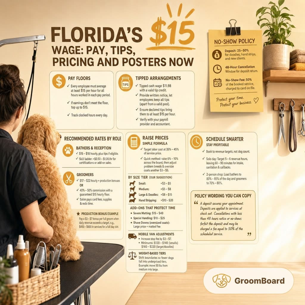 Dog groomer with a curly dog beside a wall poster titled Florida’s $15 wage with pay tips and pricing notes, plus a shelf and hanging grooming tools.