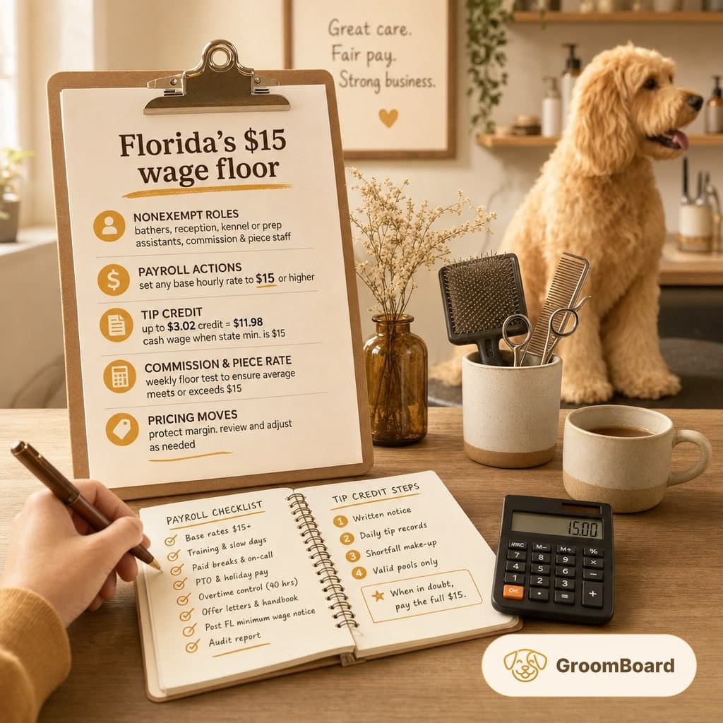 Clipboard and notebook with $15 wage floor notes on a groomer’s desk, with brushes, calculator, coffee, and a doodle dog sitting on the counter.