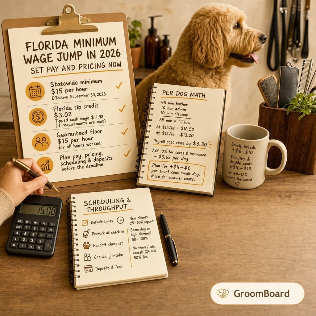 Desk with clipboards and notebooks on grooming pricing and scheduling, a calculator showing 15.00, a hand writing, a mug, wall grooming tools, and a curly dog.