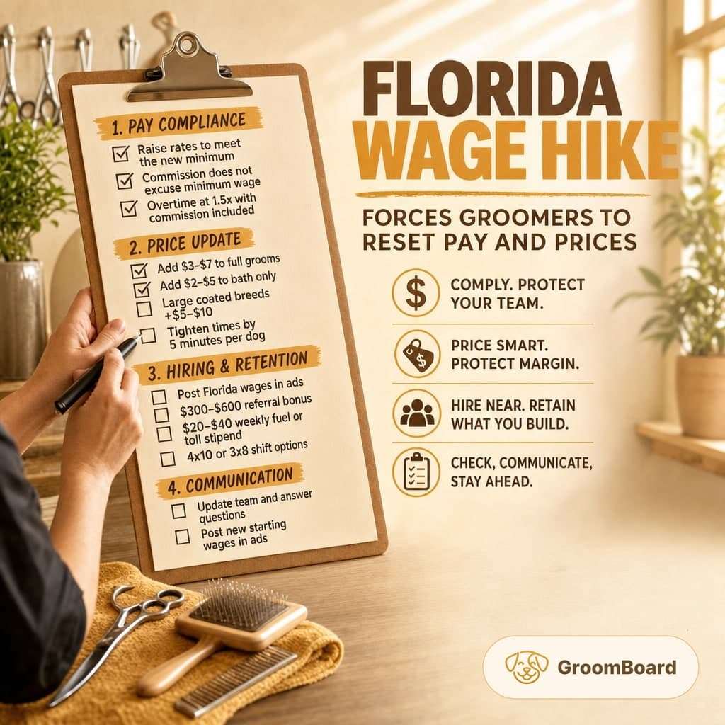 Hands hold a grooming checklist on a clipboard beside tools, with bold Florida Wage Hike text and tips for groomers on pay, pricing, hiring and communication.