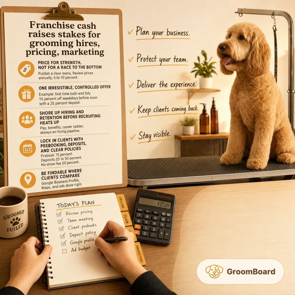 Dog sits on a grooming table while a person writes a to do list beside a clipboard of business tips, a calculator, and a mug on a wooden desk.