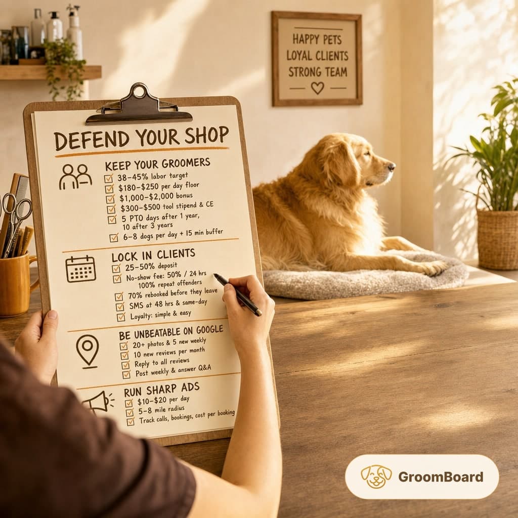 A person writes on a clipboard checklist titled Defend Your Shop at a grooming counter while a golden retriever rests on a bed in warm light.