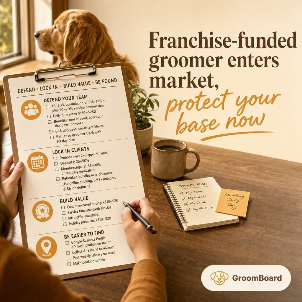 Person writes on a checklist clipboard at a desk with a mug and notebook while a golden dog looks out a window and large headline text fills the beige wall.