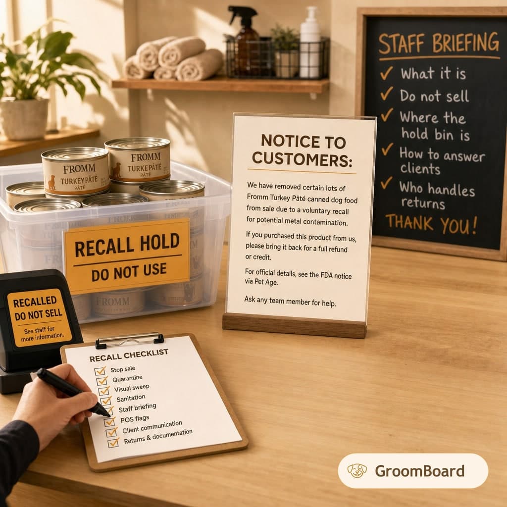 Pet store counter with recall notices, a bin of canned dog food, a checklist clipboard, and a chalkboard staff briefing.