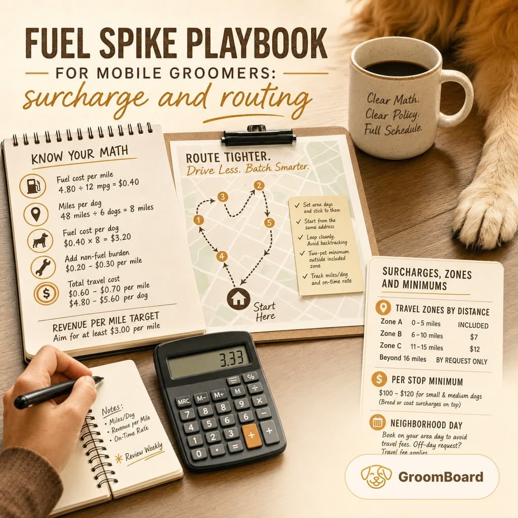 Desk scene with grooming business notes, calculator showing 3.33, clipboard map with numbered route, coffee mug, and a dog's paw.