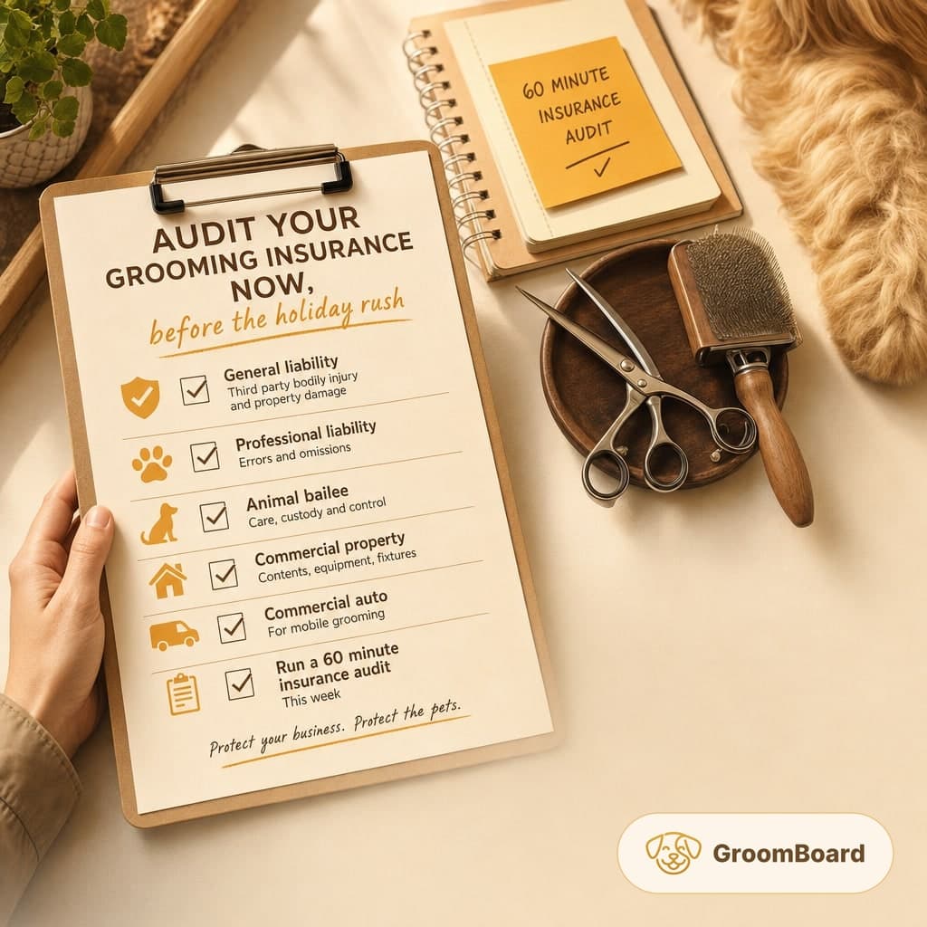 Hands hold a clipboard checklist about grooming insurance beside scissors, a slicker brush, a notebook, and a dog’s paw on a beige table.