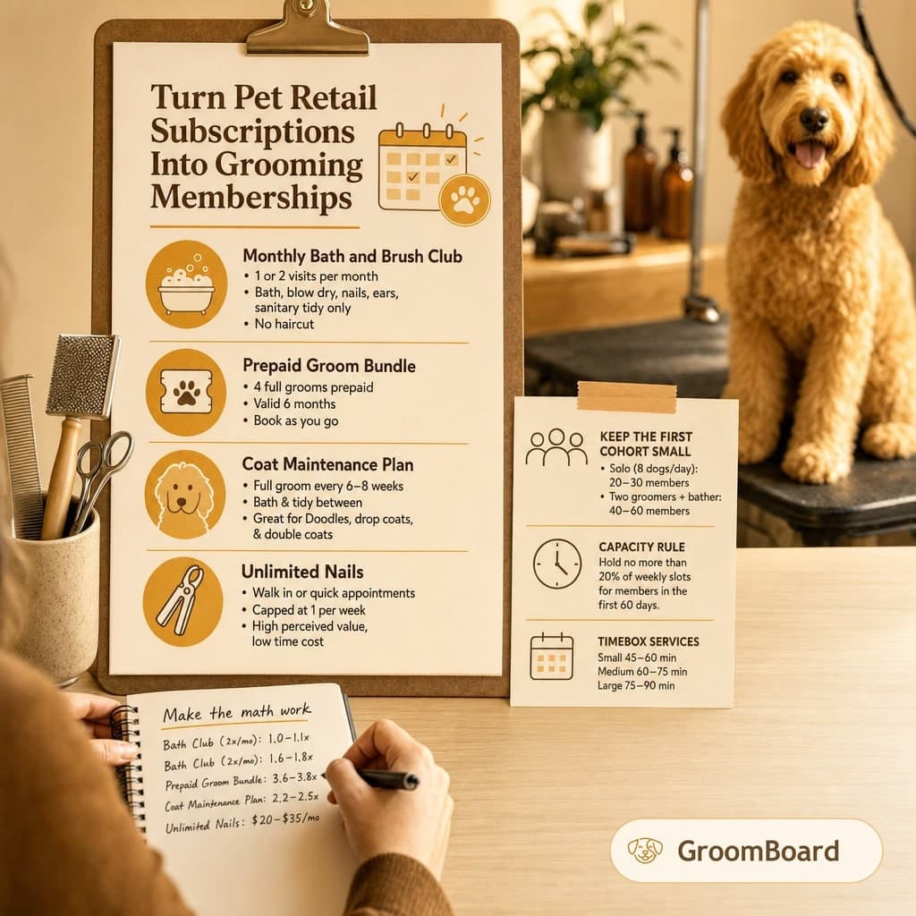 Clipboard with grooming membership plans and a small tip card on a desk with tools, a person writing notes, and a curly haired dog sitting on a grooming table.