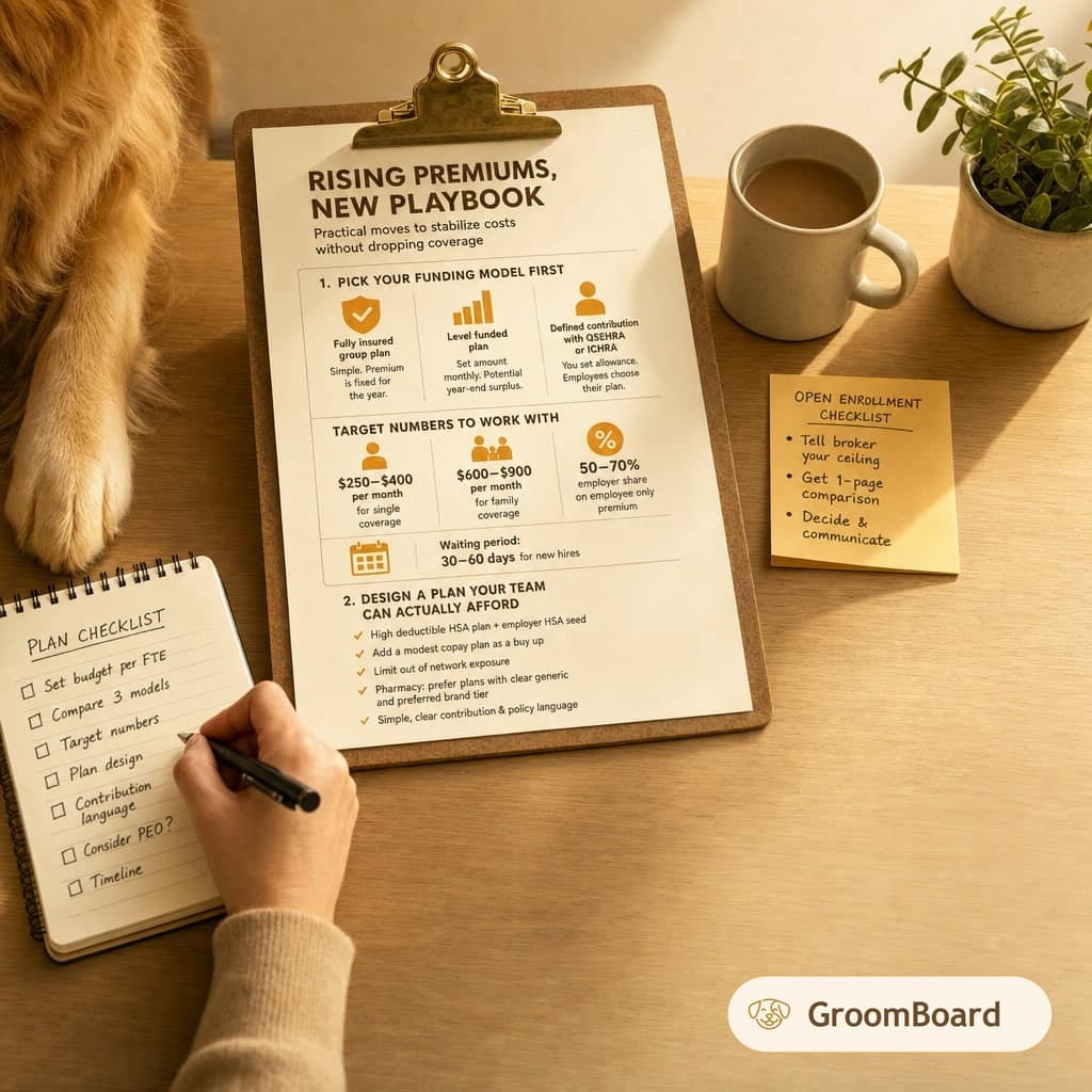Clipboard with benefits planning sheet, hand writing a plan checklist beside a coffee cup and plant, with a dog's paws and sticky note reminders on the desk.