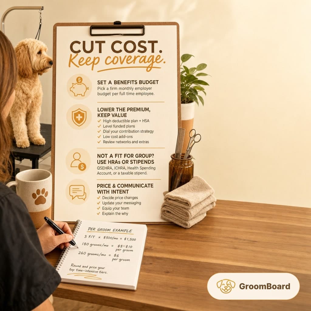 Clipboard showing 'Cut Cost. Keep coverage.' tips sits beside a small dog, with scissors, towels, a plant, and a person writing grooming pricing notes.