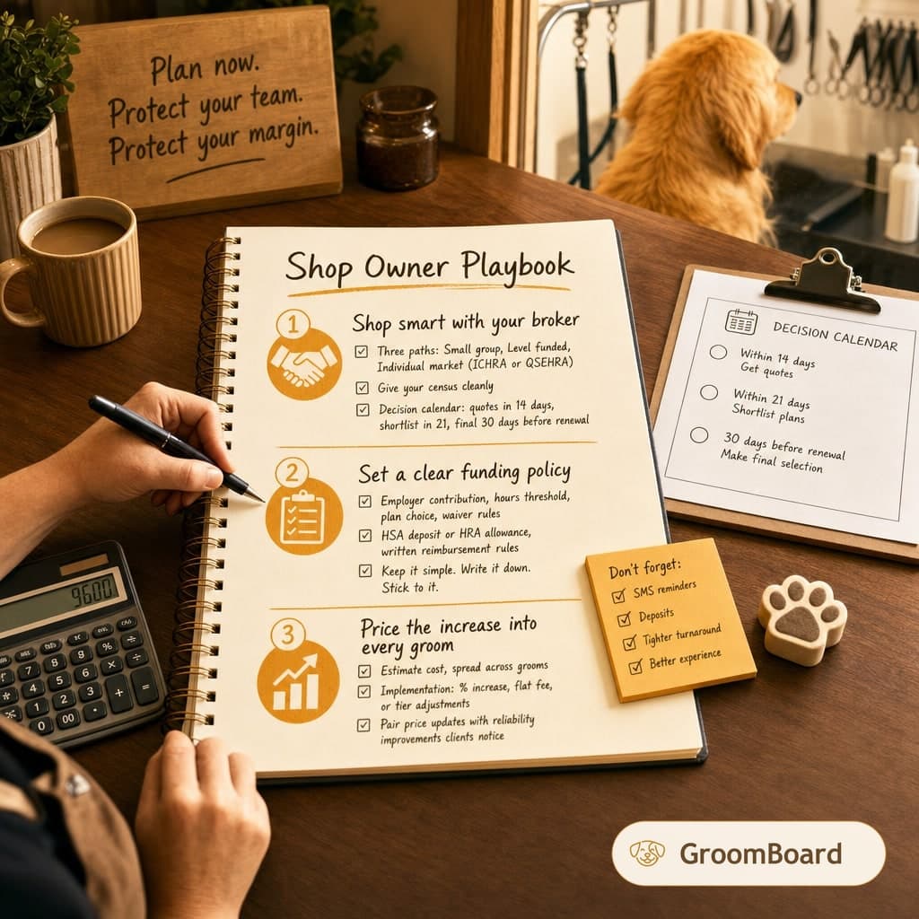 Desk scene with a hand writing in a Shop Owner Playbook notebook beside a decision calendar, sticky notes, a calculator, a coffee mug, and a dog in a grooming salon.