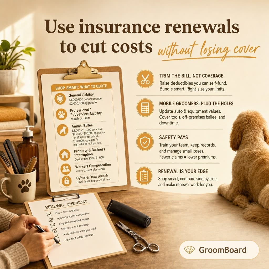 A grooming themed workspace with clipboards listing insurance tips beside a small dog and scissors on a wooden desk.