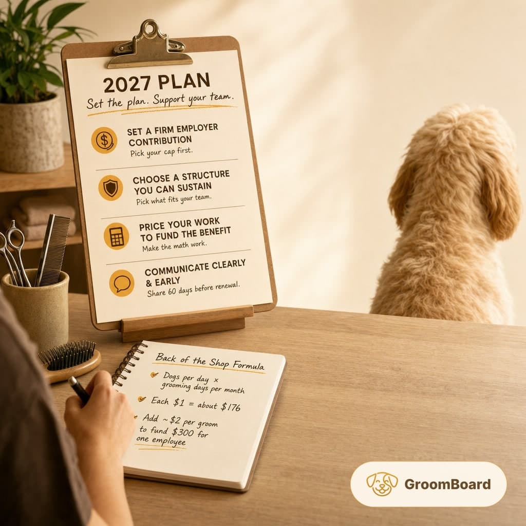 Clipboard with a 2027 plan checklist on a stand as a person writes notes at a desk, with a fluffy dog sitting beside the table.