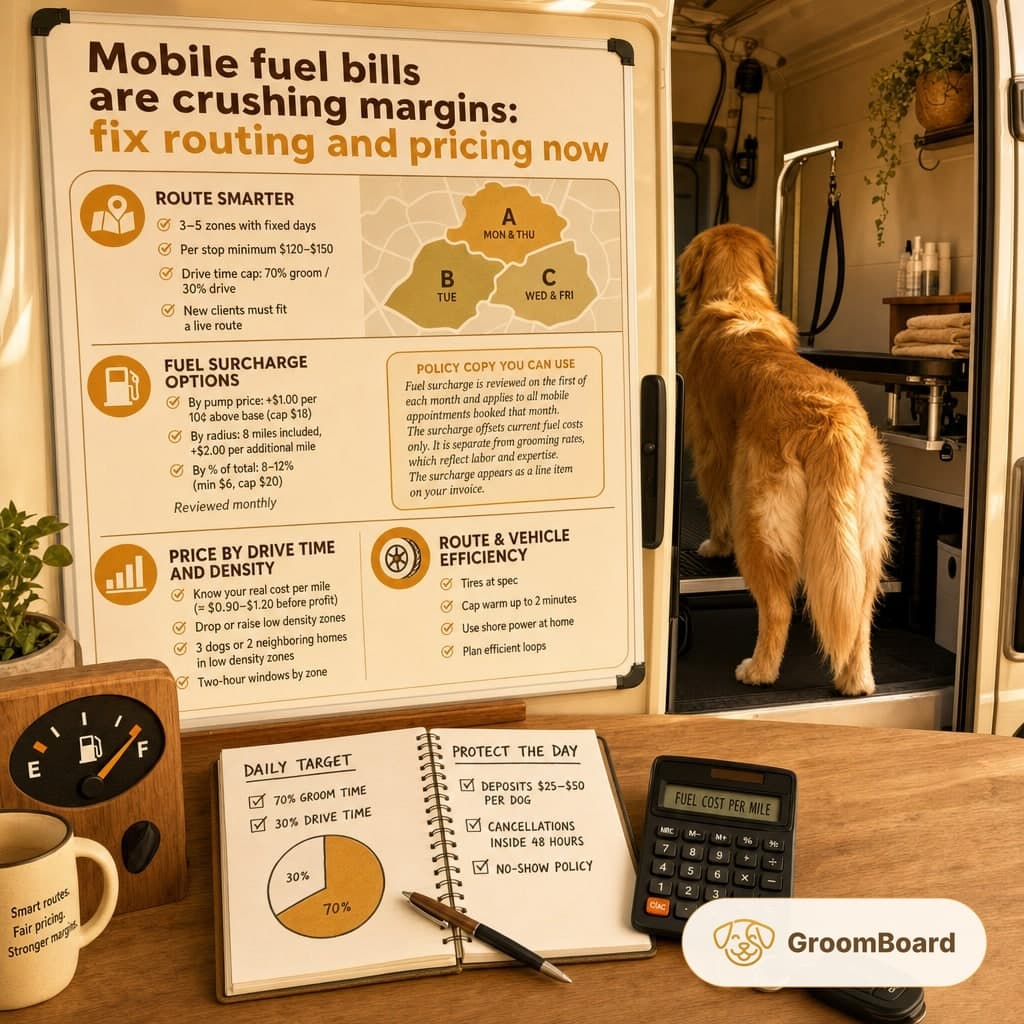 Dog stands in a mobile grooming van beside a whiteboard on routing and fuel costs, with a desk in front holding an open notebook, calculator, car keys, and a mug.
