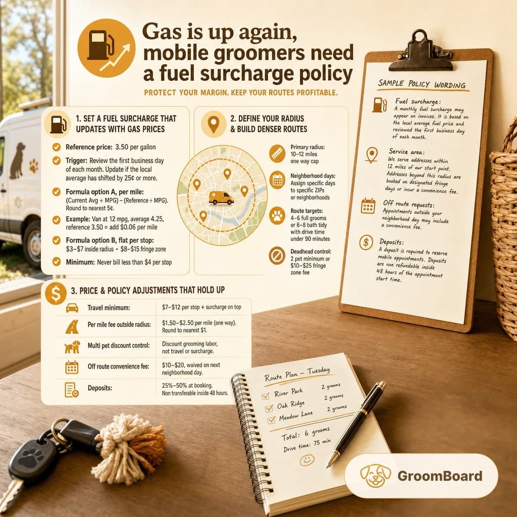 Infographic for mobile dog groomers on fuel surcharge policy, with a van at left and a desk scene with clipboards, a notebook route plan, keys, and a basket.