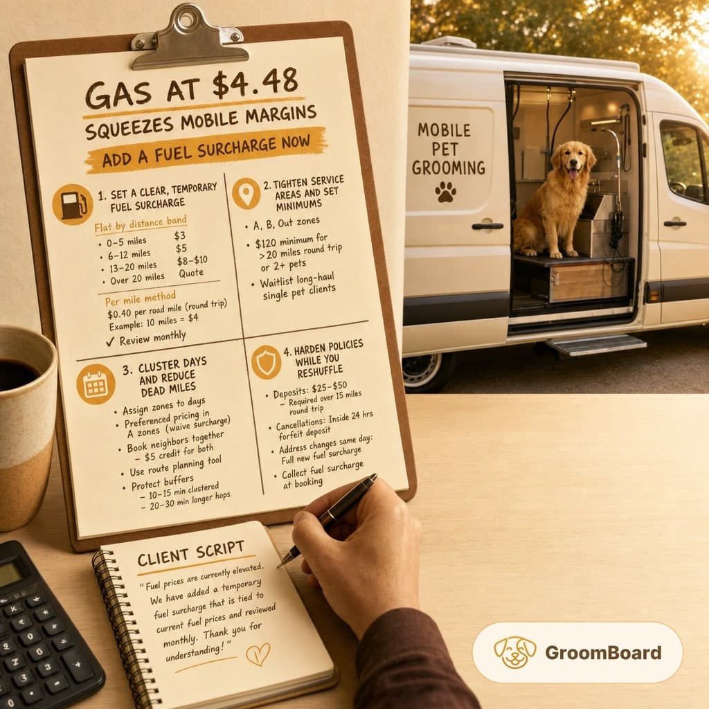Clipboard of fuel surcharge tips beside a notebook and calculator as a mobile pet grooming van with a golden retriever sits open in the background.