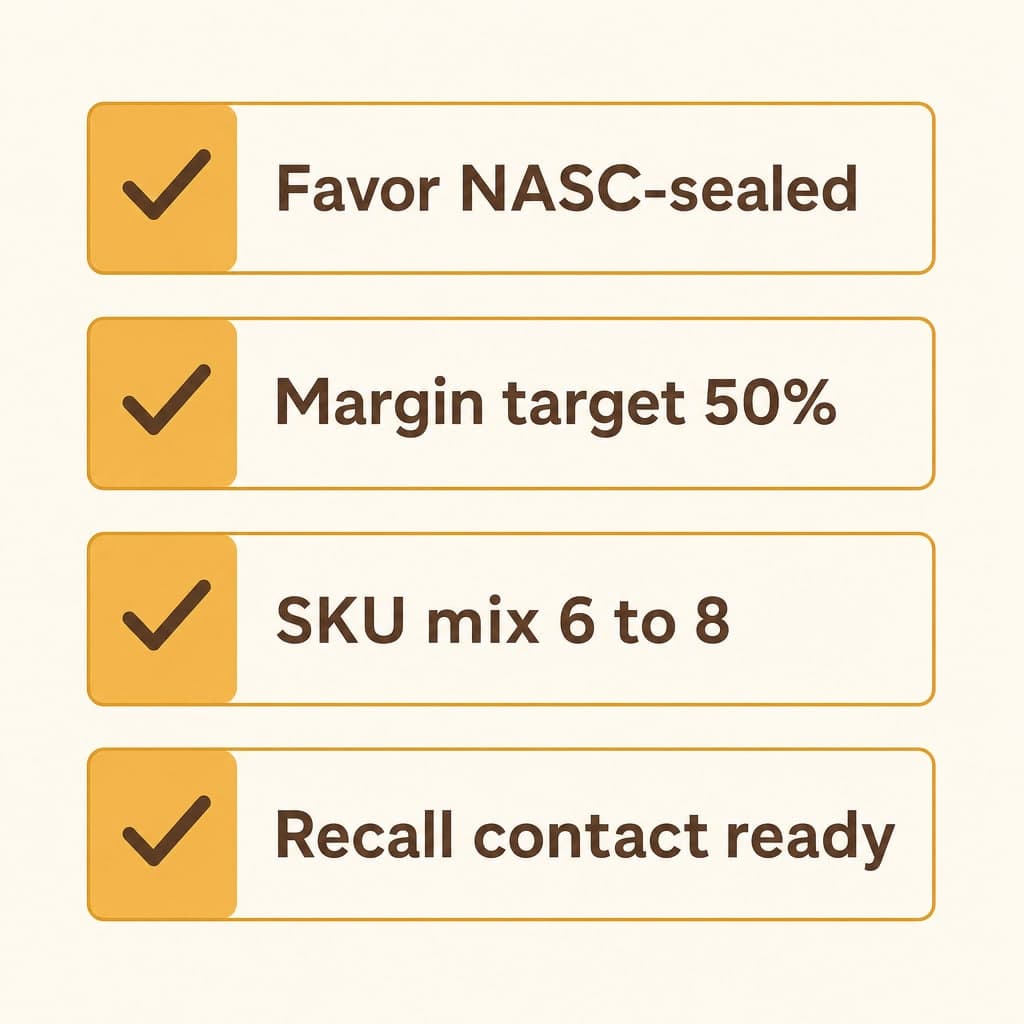 Simple checklist style infographic showing four steps for treat retail standards with labels Favor NASC-sealed, Margin target 50%, SKU mix 6 to 8, and Recall contact ready.