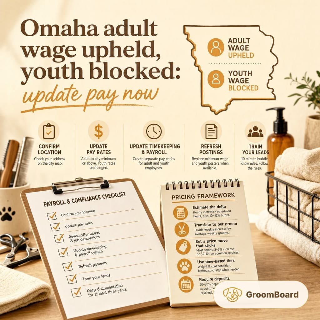 Desk with dog grooming tools, a clipboard checklist, a spiral pricing notepad, and a headline on Omaha wage changes with icons and a Nebraska map graphic.