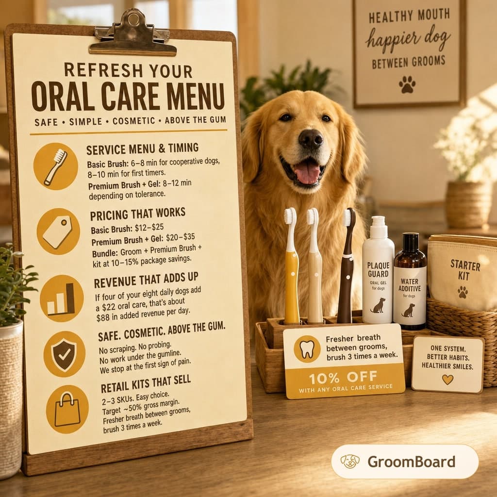 Golden retriever behind a counter with an oral care menu clipboard, toothbrushes and dog dental products, a discount sign, and a starter kit basket.
