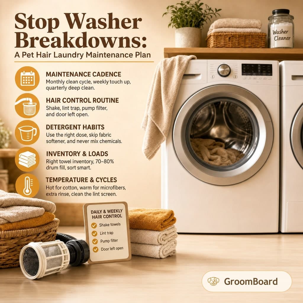 Laundry room graphic with front loading washer, towels, lint trap and a checklist, plus text about preventing washer breakdowns with pet hair maintenance tips.