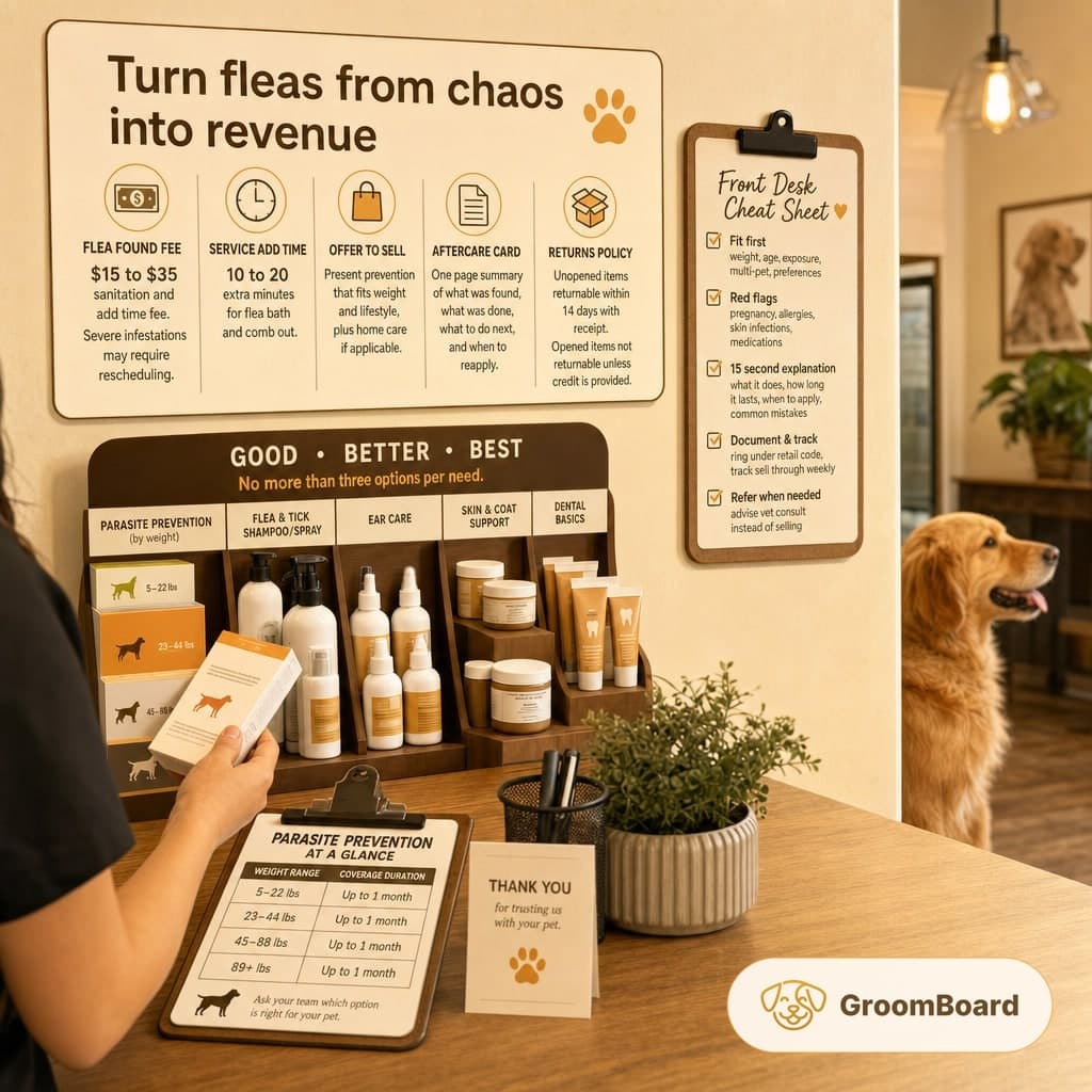 Front desk display at a pet grooming shop with flea prevention products, checklists on the wall, a person holding a box, and a golden retriever waiting.