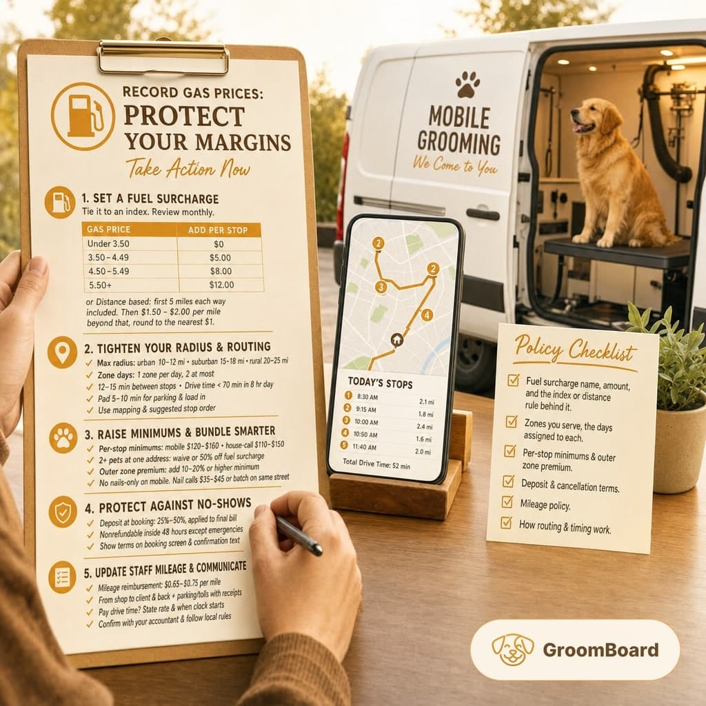 Clipboard checklist, phone map, and policy note on a desk, with a golden retriever in a van labeled Mobile Grooming We Come to You in the background.