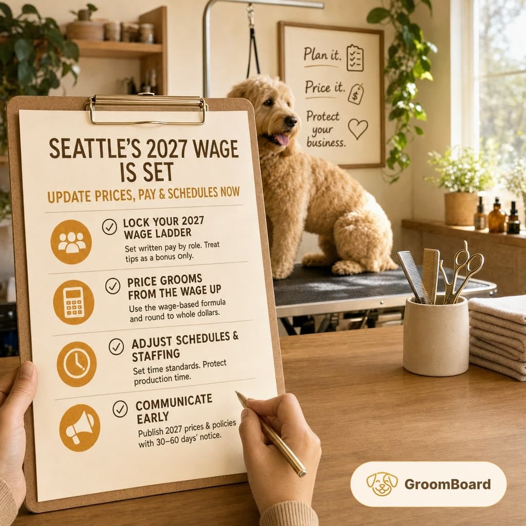 Clipboard with wage update checklist held over a grooming station, with a curly dog on the table, combs and scissors in a cup, and a sign on the wall.