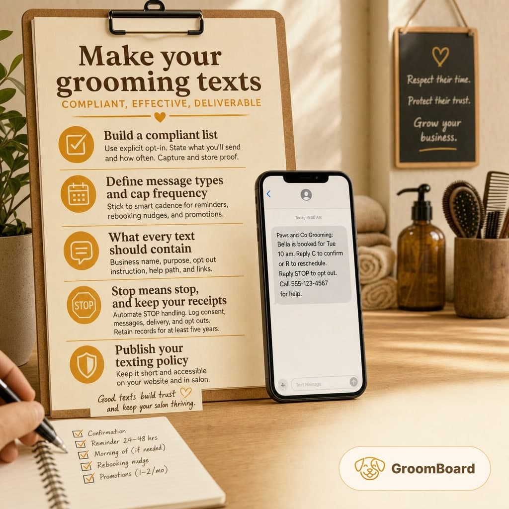 Clipboard with grooming texting tips beside a smartphone showing an appointment text, a hand checking notes, and salon tools on a wooden counter.