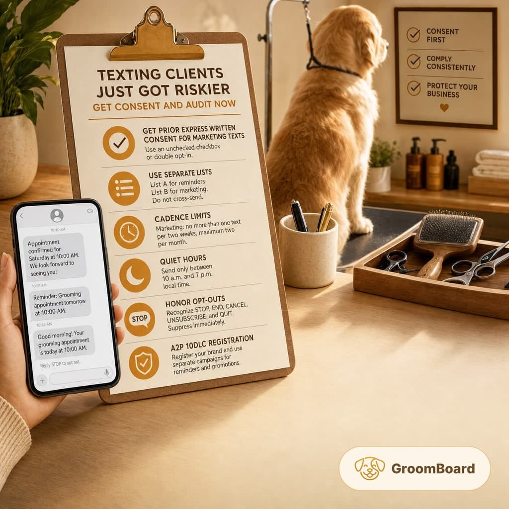 Clipboard with texting compliance tips and a hand holding a phone with grooming appointment texts beside tools, while a golden dog sits on a grooming table.