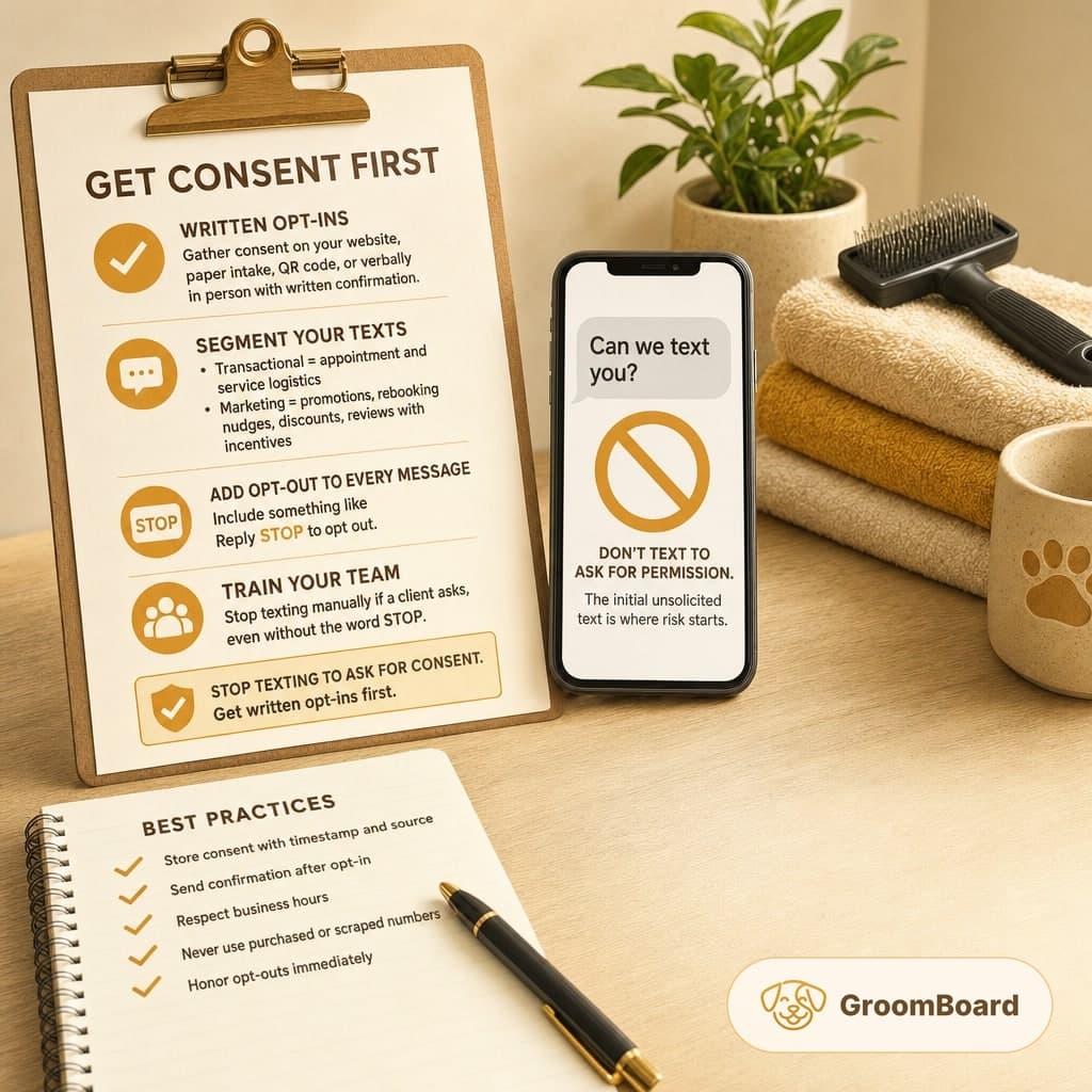 Clipboard with Get Consent First tips beside a smartphone warning not to text for permission, plus towels, pet brush, paw print mug, plant, notebook, and pen.