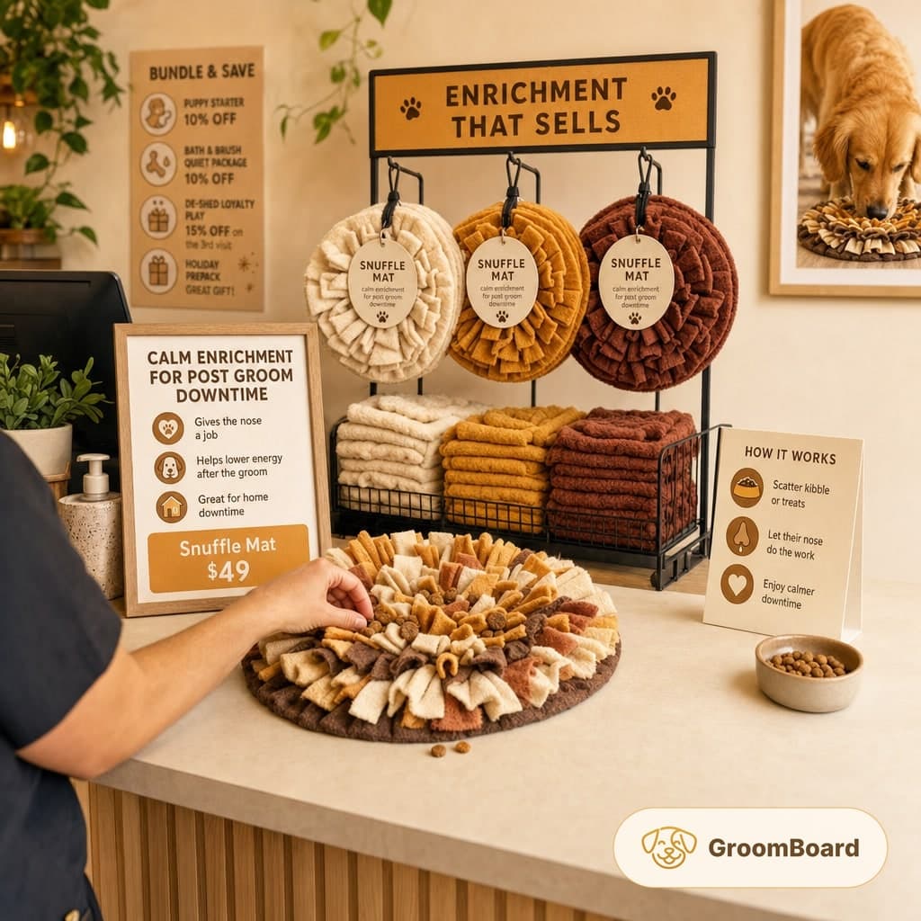 Pet store counter display with stacked snuffle mats in cream, gold and brown, price and how it works signs, a hand placing treats, and a dog sniffing a mat.