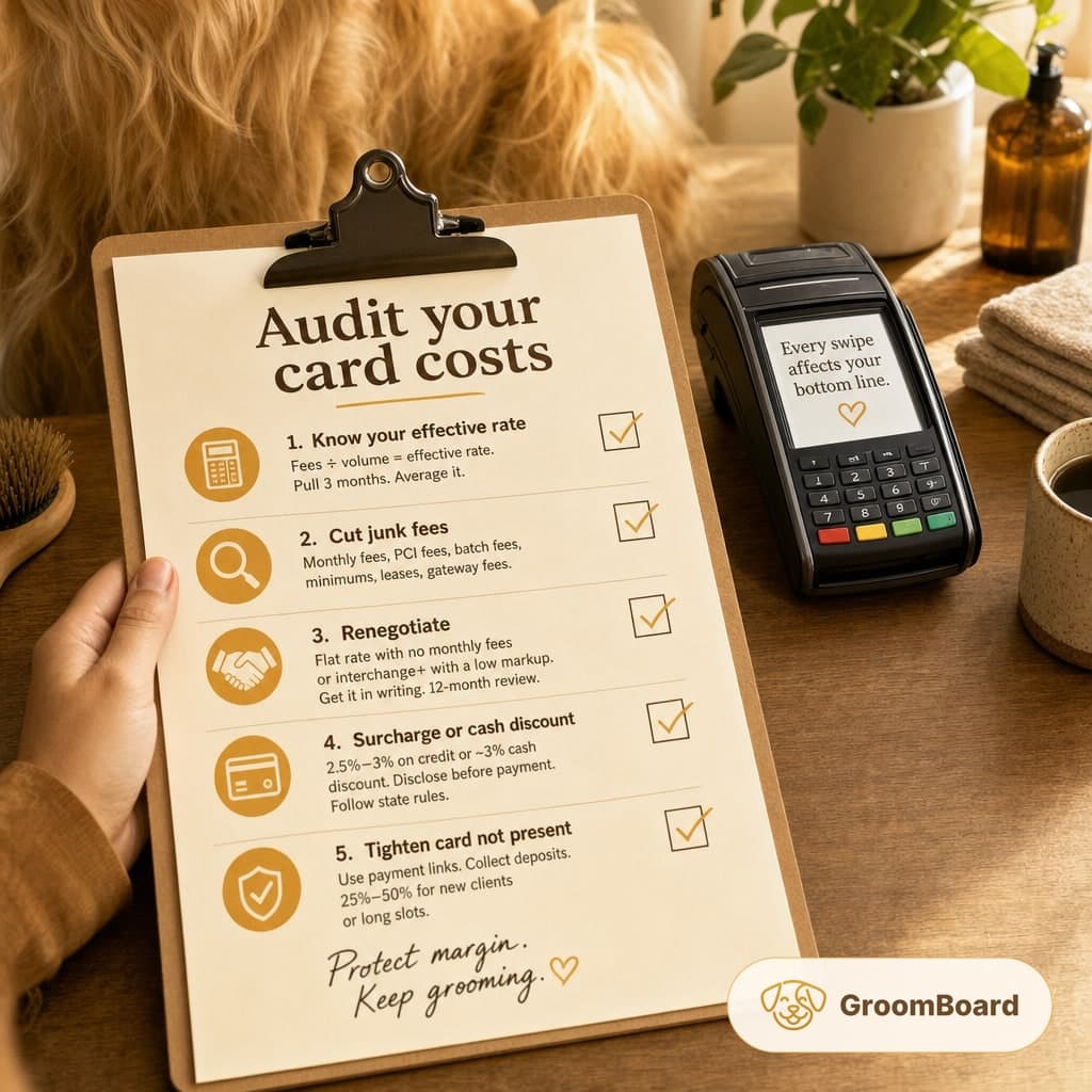 Clipboard with 'Audit your card costs' checklist next to a card reader on a groomer's desk, with towels, mug, and a fluffy dog in the background.