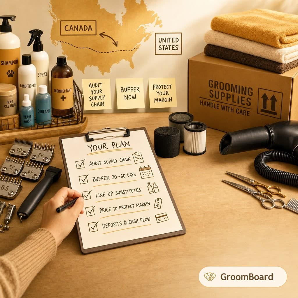 Dog grooming tools and supplies on a worktable with a clipboard plan checklist, sticky notes, map of North America, and a shipping box labeled Grooming Supplies.