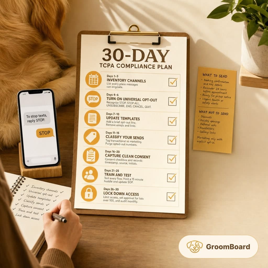 Clipboard with 30 day TCPA compliance checklist beside a phone showing STOP text, a handwritten notes page, a sticky note, and part of a dog on a desk.
