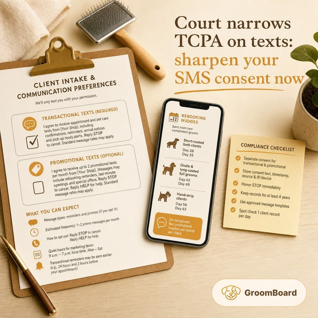Desk scene with a clipboard form, smartphone showing dog rebooking nudges, sticky note checklist, pet brush, towel, pen, and headline text on SMS consent.