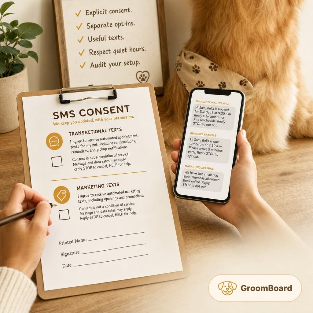 Person filling an SMS consent form on a clipboard while holding a phone with example texts, beside a dog with a paw print bandana and a framed checklist.