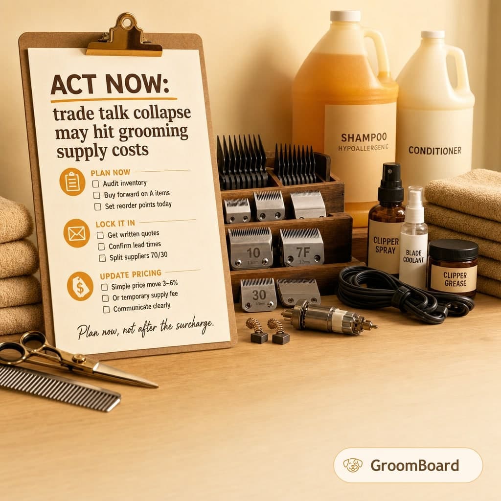 Clipboard with checklist and headline about grooming supply costs next to clipper blades, scissors, comb, cords, towels, and labeled bottles on a wooden table.