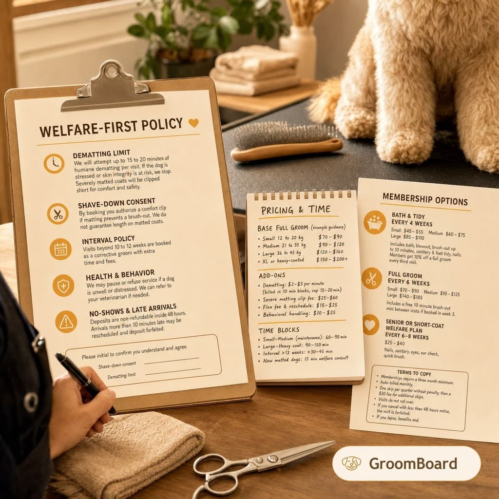 Grooming policy and pricing sheets on a clipboard and notepad beside scissors and a brush, with a fluffy dog’s legs visible on the grooming table.