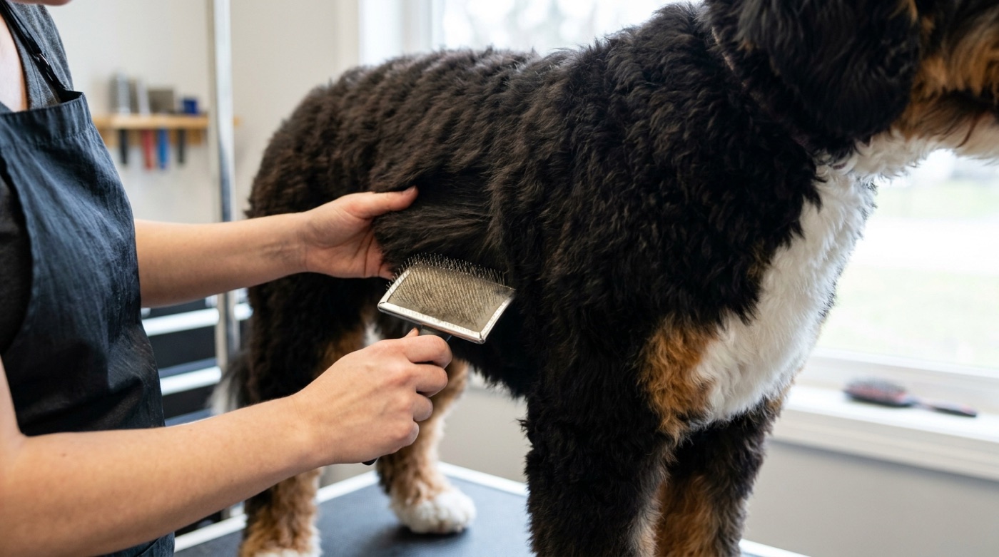 A groomer line brushing the dense coat of a large tri-color bernedoodle, with a parted section showing how deep the slicker brush reaches